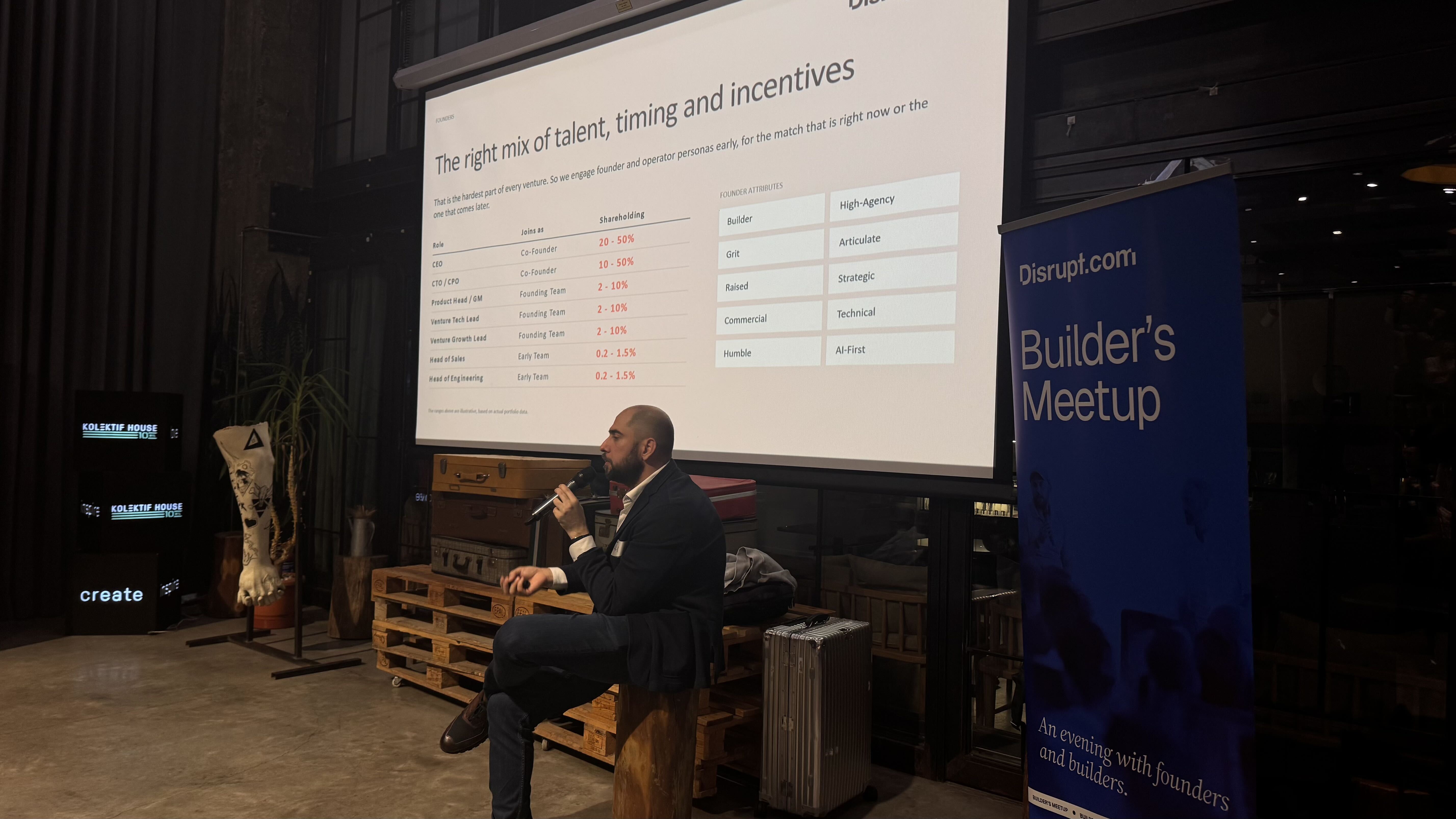 Ali Samir Oosman explains how equity is shared by role at the Builder’s Meetup in Istanbul.