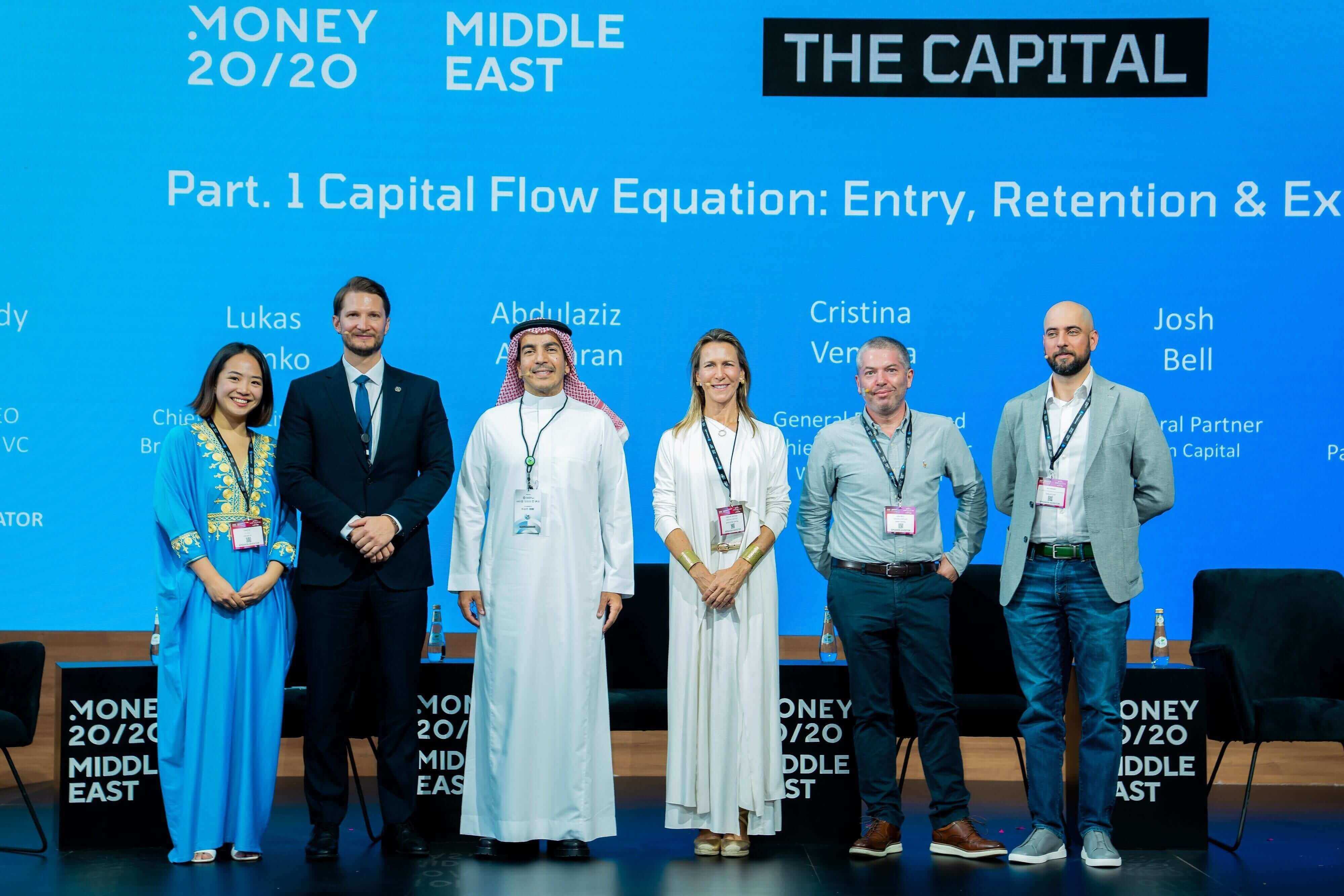 Panelists Ali Samir Oosman, Abdulaziz Alomran, Cristina Ventura Serra, Lukas Bonko, and Josh Bell on the Capital Flow Equation panel, Entry Retention and Exit, at Money20/20 Middle East 2026